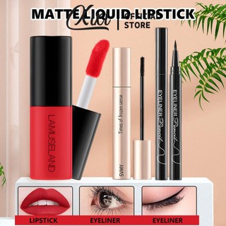 Bộ trang điểm chống nước LAMUSELAND Matte Liquid Lipstick + Mascara uốn màu đen + Bút kẻ mắt màu đen chống nhòe lâu trôi Bộ mỹ phẩm 3 chiếc