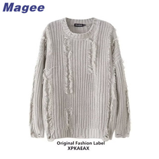 Magee Mới Áo Len Nam Phiên Bản Hàn Quốc Retro Cổ Điển Cao Cấp Lỗ Rách Tua Rua Dày Chiên Bột Xoắn Thiết Kế Rời Thiếu Niên Cặp Đôi Thời Trang Rời Tay Dài