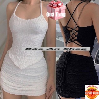 [SB16] Sét bộ nữ 2 món áo kiểu yếm đan dây hở lưng phối chân váy ngắn rút đùi có quần trong cá tính gợi cảm chất vải thu