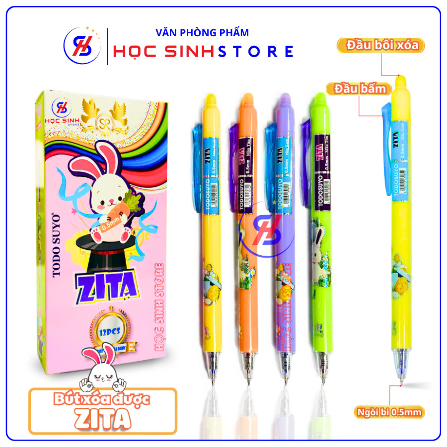 Hộp 12 Cây Bút Gel Bấm Xóa Được Zita Hiệu Todo Suyo Ngòi Bi Nhỏ 0.5mm (Mực Xanh/Tím) Mực Xuống Đều, 