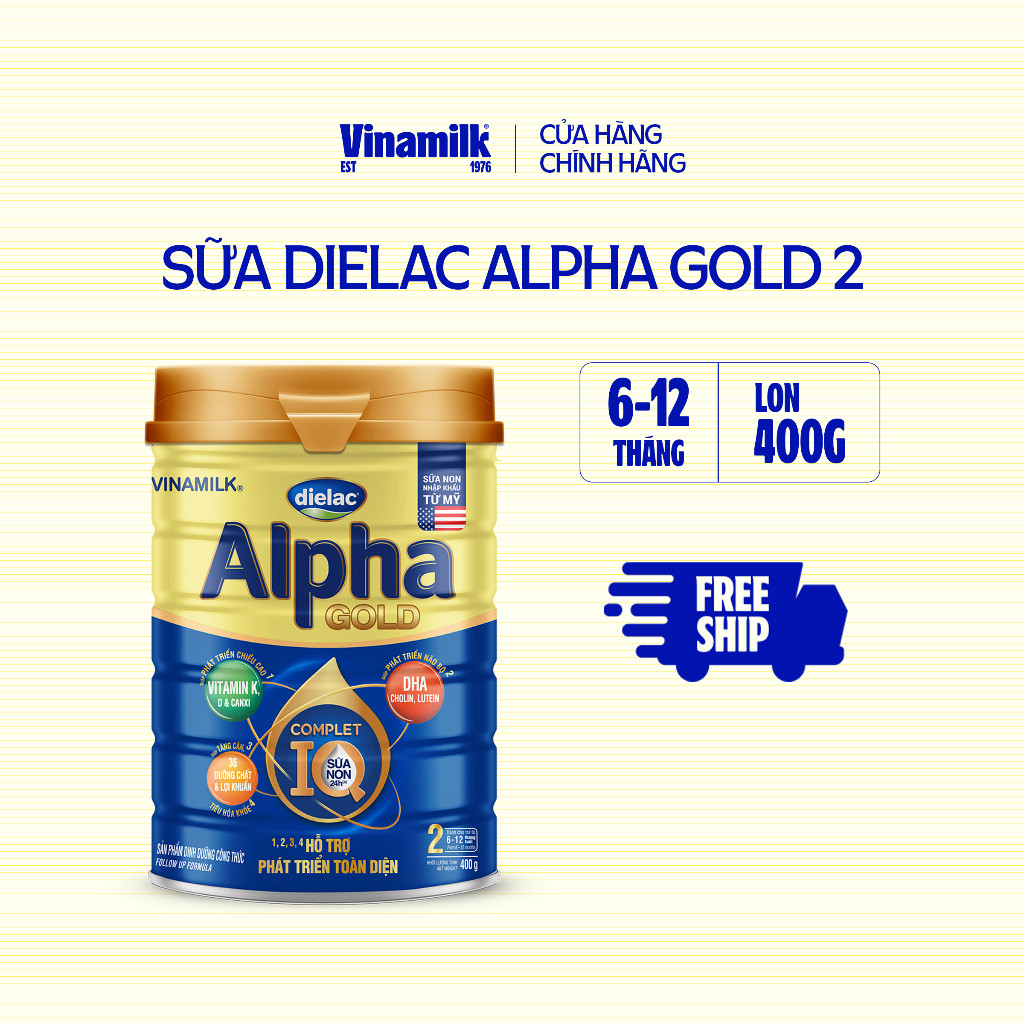 2 Hộp Sữa bột Dielac Alpha Gold 2 - Hộp thiếc 400g (cho bé từ 6 - 12 tháng tuổi)