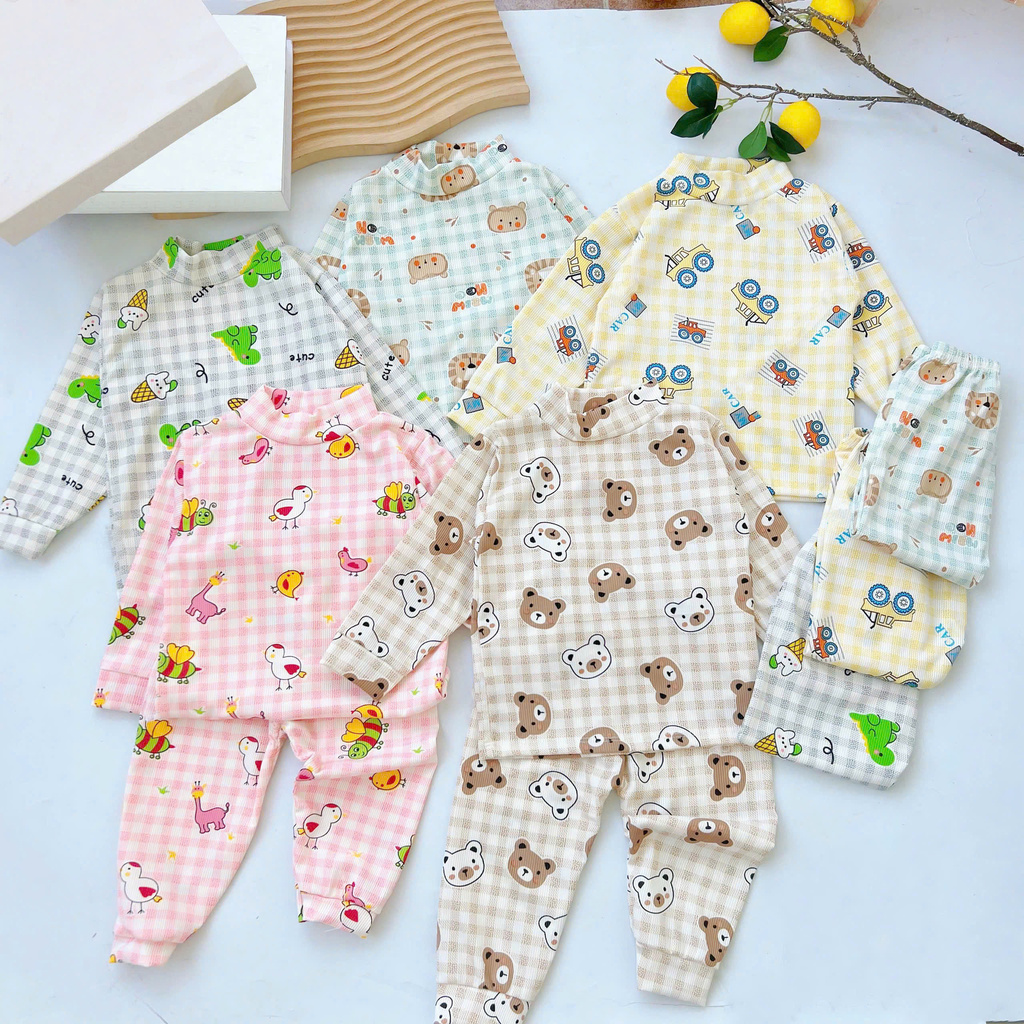 Bộ quần áo dài tay quần dài cổ cao MK545 (5-15KG) chất tăm gân mỏng cho bé dưới 30 tháng