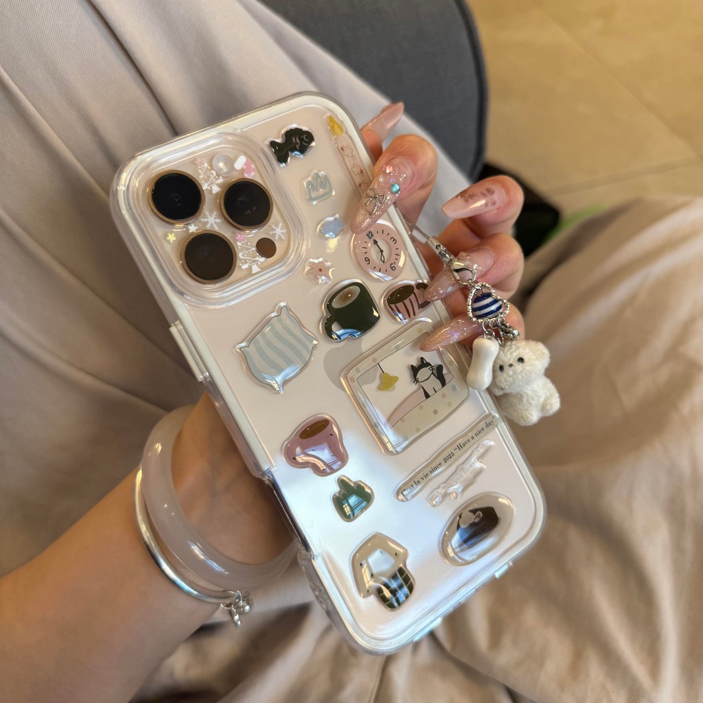 Huiwanju nhãn dán đồng hồ báo thức mèo dễ thương cho vỏ điện thoại di động iPhone16promax ip14 mới 13promax thời trang 12 / 11 hộp bảo vệ 15promax chống rơi 15plus