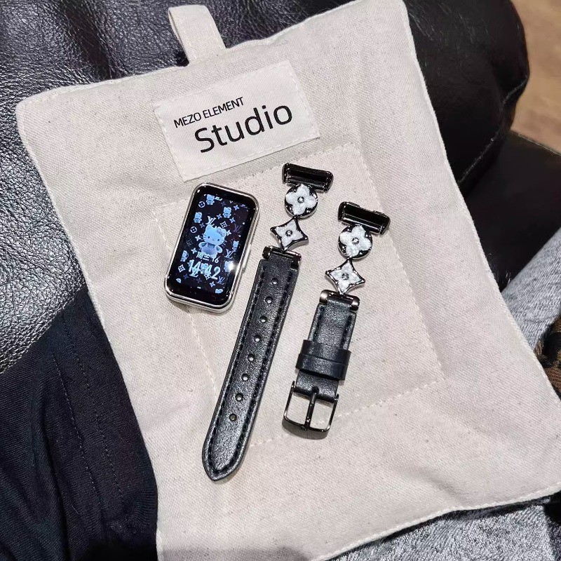 NiSTAR Hoa may mắn bốn lá kim loại sang trọng + Dây đeo da thật mềm mại cho Huawei Band 10 9 8 NFC /