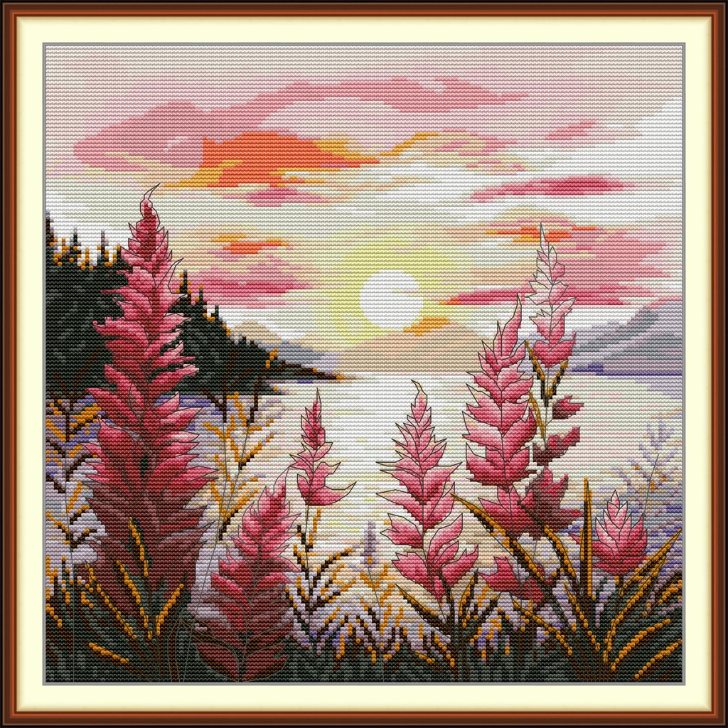 Joy Sunday Stamped Cross Stitch Kits Hoa văn hoàng hôn 14CT hoặc 11CT, Bộ thêu kim 9CT