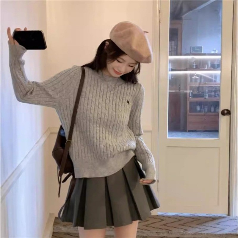 Áo len dệt kim tay dài thêu ngựa phong cách Hàn Quốc, họa tiết xoắn dây - cổ tròn màu trơn mềm mại | BigBuy360 - bigbuy360.vn