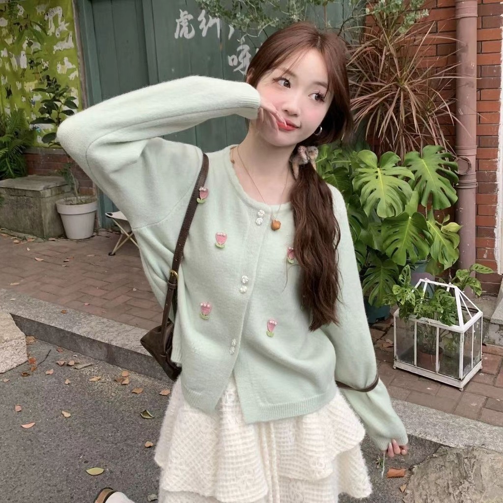 Tính Khí Nhẹ Nhàng Áo Len Hoa Tulip Áo Khoác Cardigan Áo Len Mẫu Mới Đầu Mùa Thu Áo Khoác Cardigan M