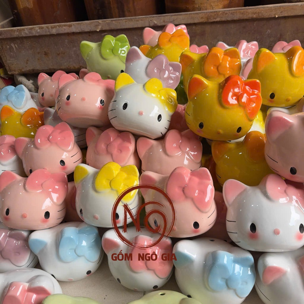 (lỗ tròn)Hello kitty Lợn tiết kiệm Bát Tràng🐷Heo sứ-Lợn Đất-Ống đựng tiền Decor, Gốm sứ gốm Ngô Gia