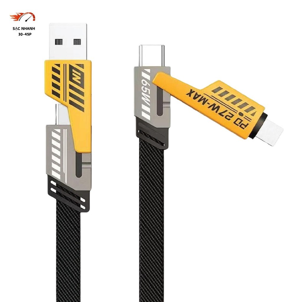 Cáp sạc 4 in 1, Dây sạc nhanh 4 đầu 65W. Dây dù, đầu cáp kim loại, chống gẫy. Dây sạc 4 in 1, Dây sạ