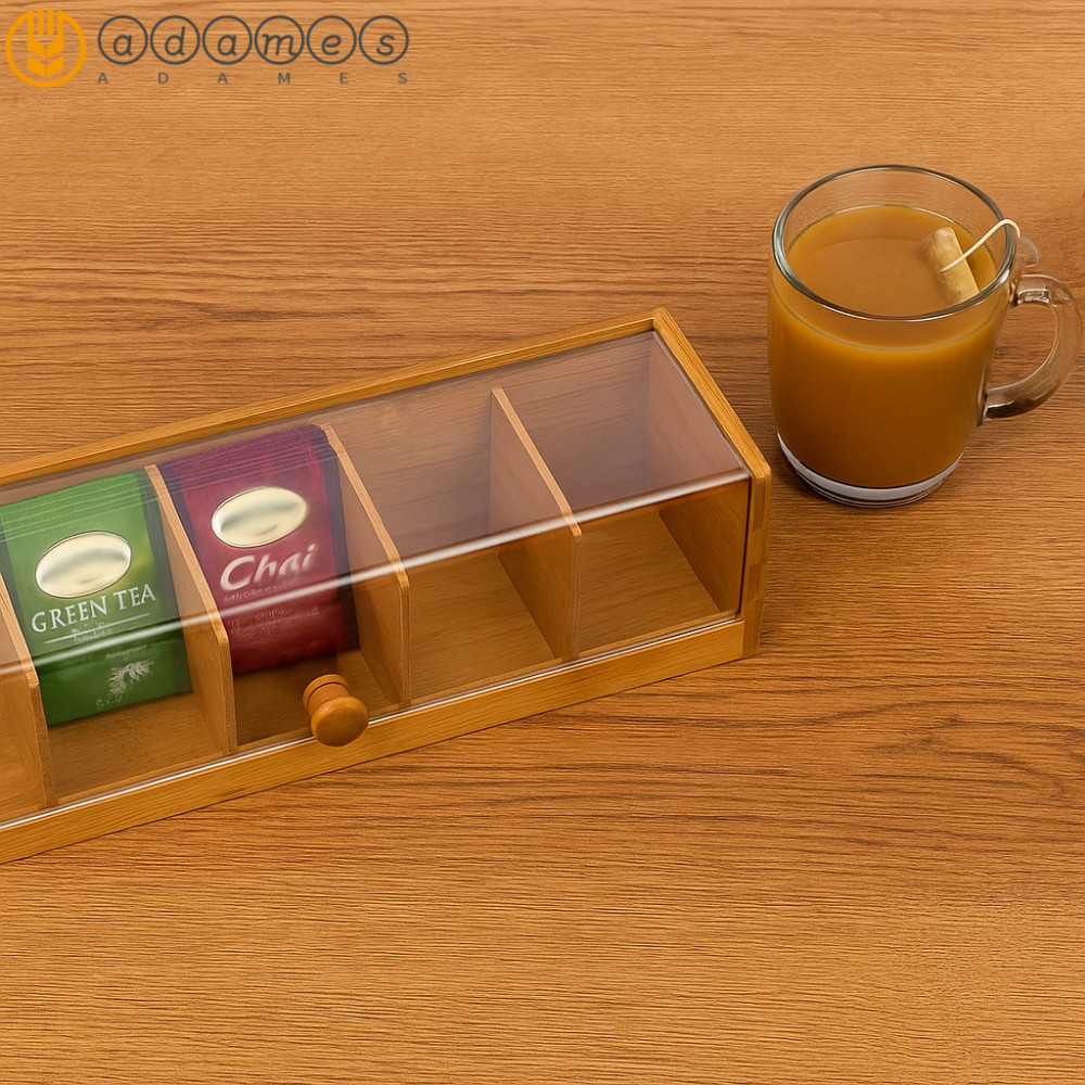 ADAMES Tea Bag Storage Organizer, 5 Slots Bamboo Coffee Capsule Storage Box, Easy Access Handmade Sp