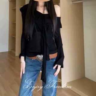 Enjoy Freedom Áo thun dài tay vai xù, áo thun lệch vai thuần khiết khao khát dành cho nữ