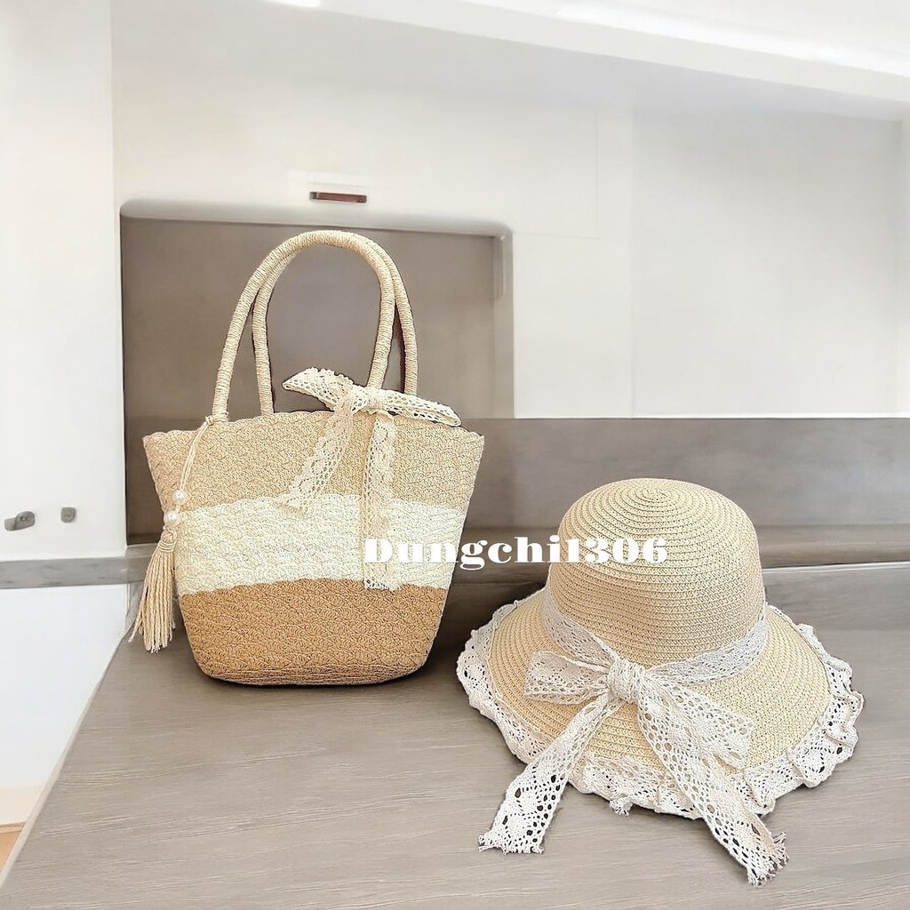 Set túi mũ cói tua rua mix ngọc nơ ren đi biển đi chơi đều xinh | BigBuy360 - bigbuy360.vn
