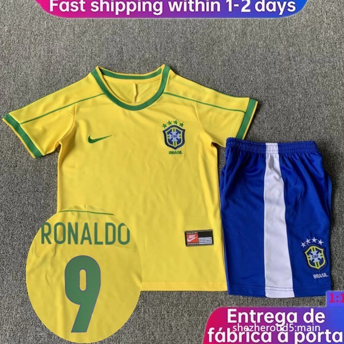 Romario #11 Ronaldo #9 Ronaldo #10 Áo bóng đá trẻ em thể thao cổ điển Jersey 1998 Brazil KIDS KIT Áo