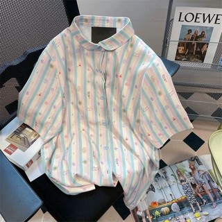 Retro sọc áo sơ mi ngắn tay nam nữ phiên bản hàn quốc mùa hè rời áo sơ mi áo khoác top
