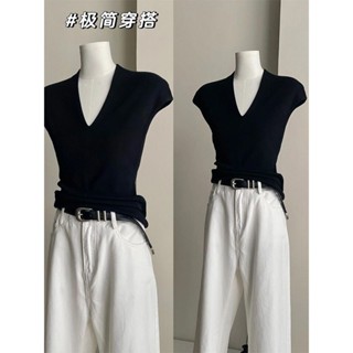 Bán Nóng! F & X Tay ngắn T-Shirt hàng châu Âu màu đen cổ chữ V nhỏ tay Áo thun Dệt kim Lụa băng nữ mùa hè mẫu ngắn ôm dáng thon gọn áo ba lỗ mỏng mùa hè