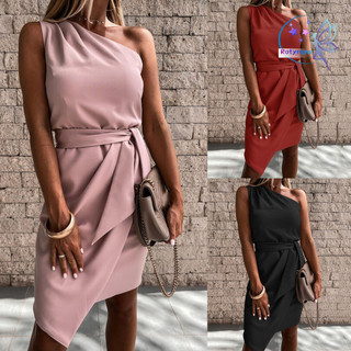 Rotyroya-nữ Đầm Dài Đến Đầu Gối Không Tay Bodycon Một Vai Màu Thắt Lưng Đầm Dạo Phố Cho Xuân Hè