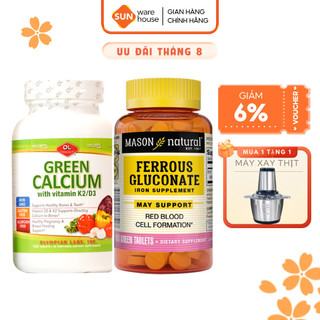 Combo Vitamin Cho Bà Bầu Bổ Sung Canxi Hữu Cơ Olympian Labs Green Calcium Và  Sắt MASON NATURAL Ferrouse Gluconate