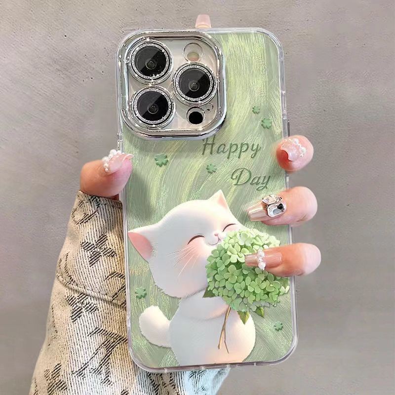 Nhỏ tươi hoa mèo Apple 16 15ProMax Ốp điện thoại di động trọn gói iPhone14Plus sợi lông vũ 13pro đơn giản 12 phim hoạt hình 11 dễ thương 7 / 8P tiên tiến xr / xs