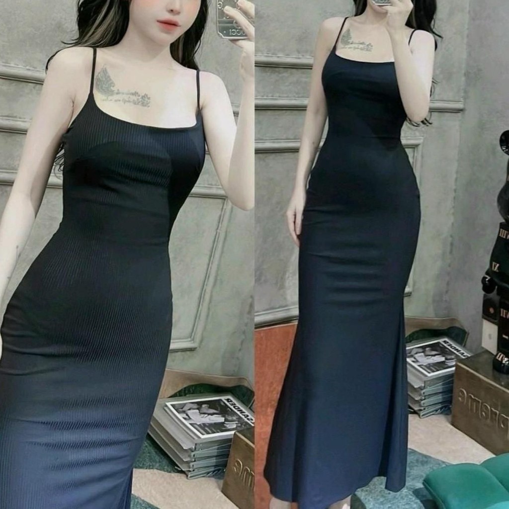 ￼Đầm body 2 dây dáng dài đuôi cá , Váy body nữ vải tăm lạnh Quảng Châu mềm mịn mát tôn dáng sexy mã hh04 | BigBuy360 - bigbuy360.vn