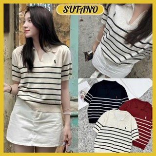 Áo len mongtoghi cổ polo xẻ V mỏng nhẹ kẻ ngang thêu ngựa phong cách Hàn Quốc hàng QCCC A460 SUTANO