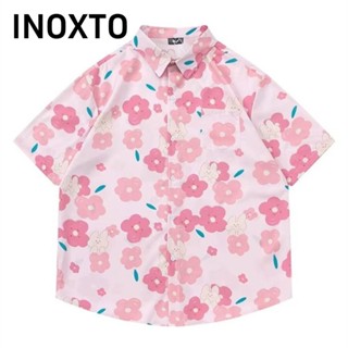 INOXTO Áo sơ mi Hawaii , Áo thun đi biển ngắn tay in hoa, Động vật cổ điển Ngày lễ mùa hè Áo sơ mi hoạt hình một ngực hóa trang