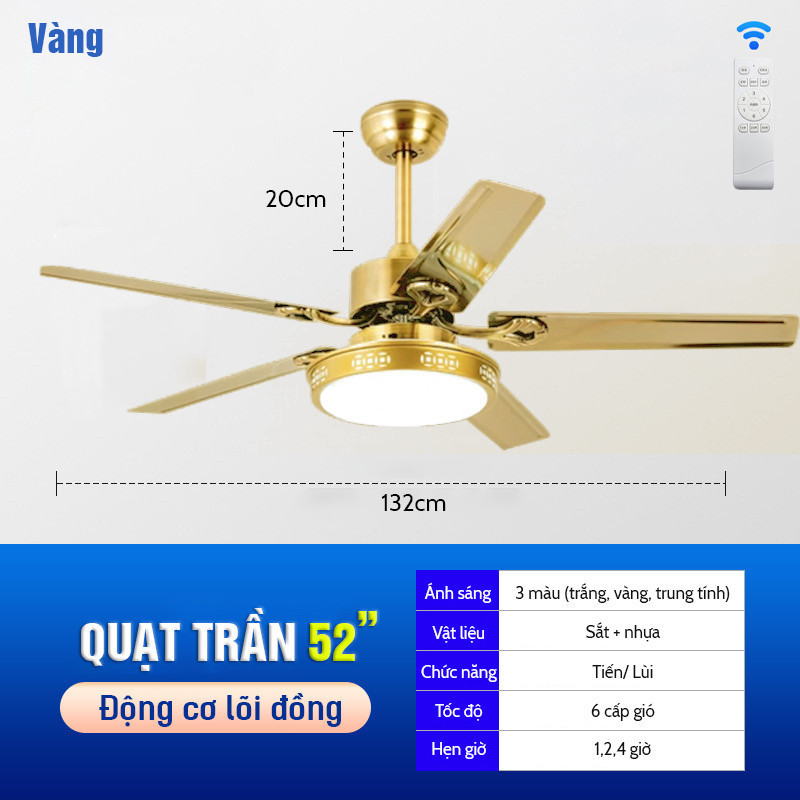 Quạt Trần Đèn LED 5 Cánh Gỗ 52 Inch | Động Cơ Lõi Đồng | Trang Trí Chung Cư, Căn Hộ Cao Cấp