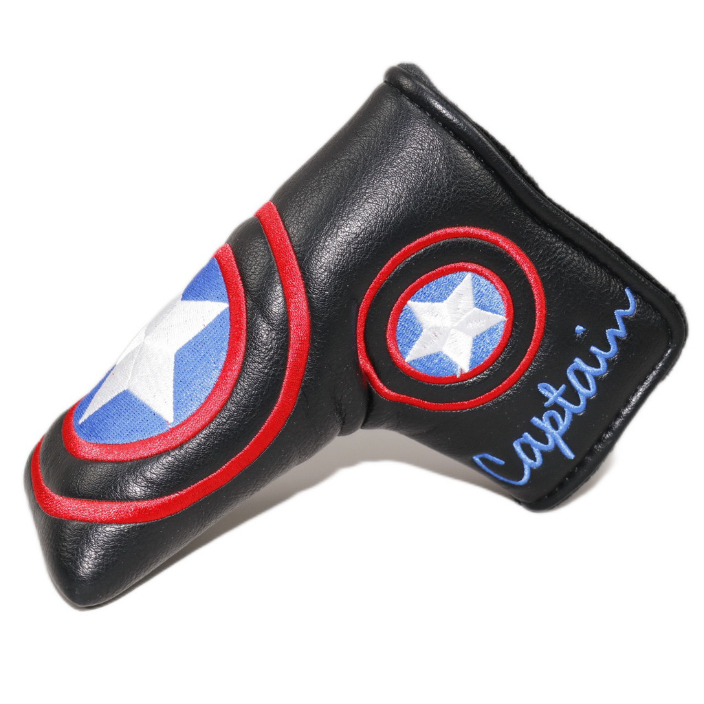 Captain America Golf Straight Putter Cover Pu Club Nắp bảo vệ Nắp nam châm Đóng cửa Đen Trắng