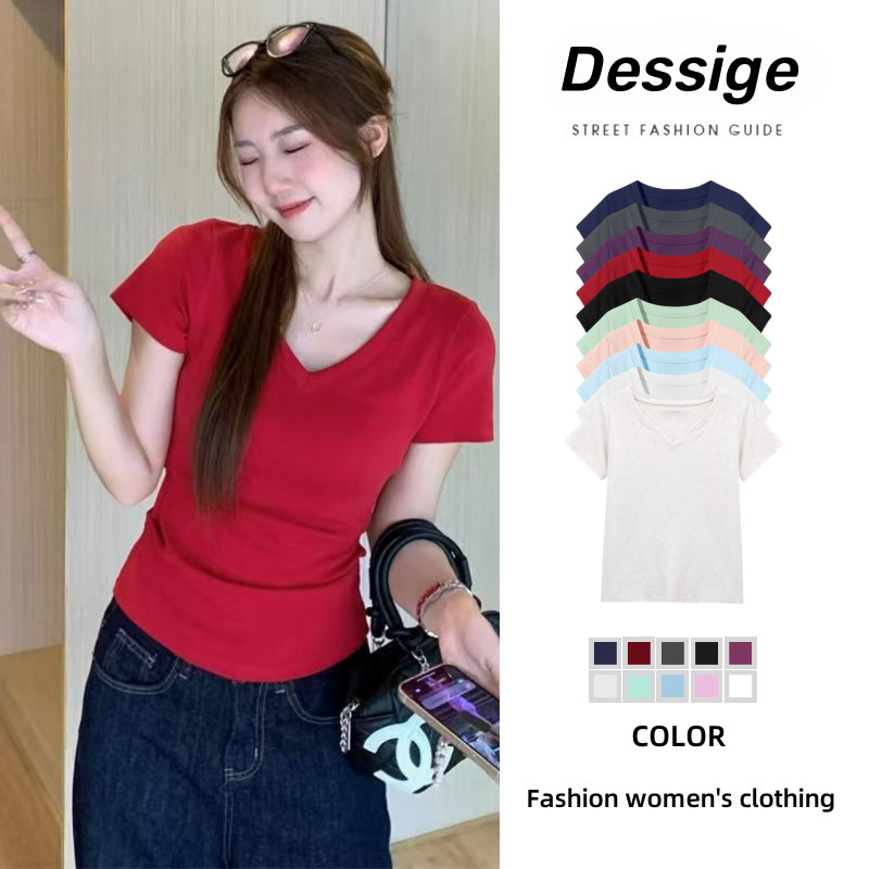 Dessige Áo baby tee Thun ôm body Áo y2k 100% cotton Áo thun ngắn tay cổ chữ V màu đỏ thời trang mùa 