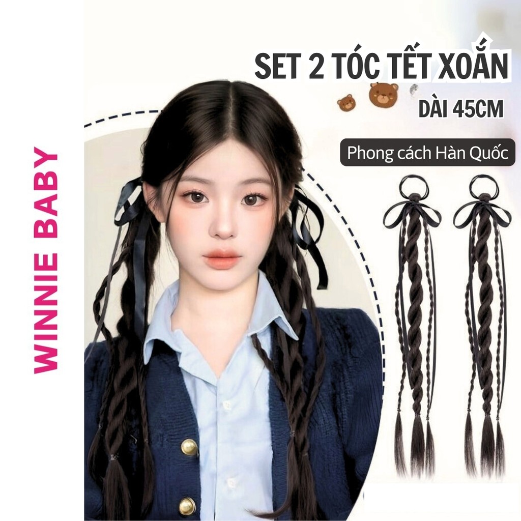 Sét 2 Tóc Giả Nơ Xoắn 2 Bên Mix Kèm Ruy Băng Dài 45cm Phong Cách Hàn Quốc Cho Bạn Gái TC3
