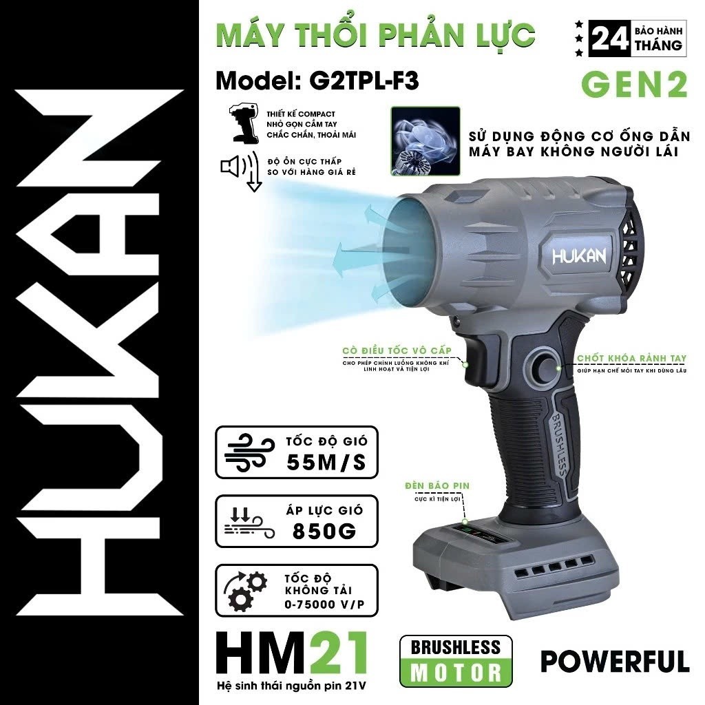 Máy thổi phản lực HUKAN G2TPL-F3,Áp lực gió 850g - Tốc độ gió 55m/s
