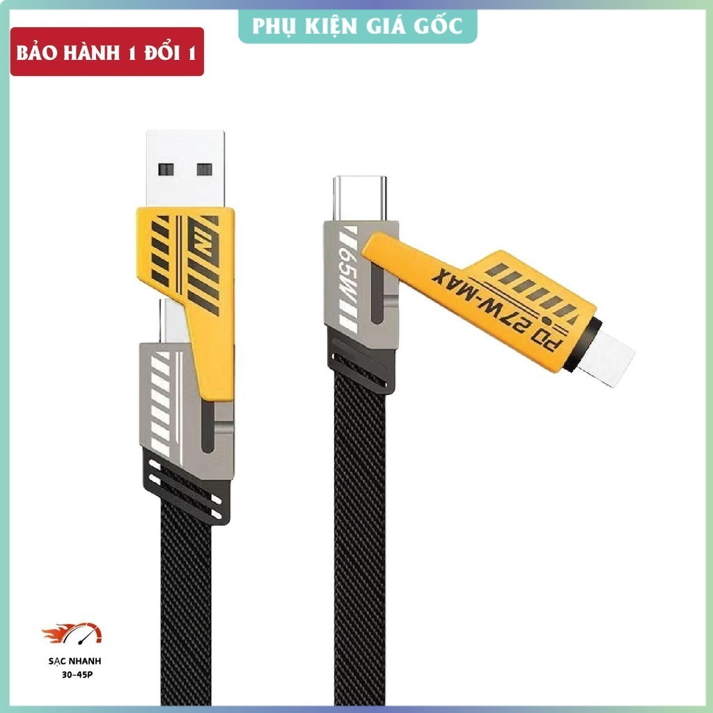 Cáp sạc 4 in 1, Dây sạc nhanh 4 đầu 65W. Dây dù, đầu cáp kim loại, chống gẫy. Dây sạc điện thoại, Dâ