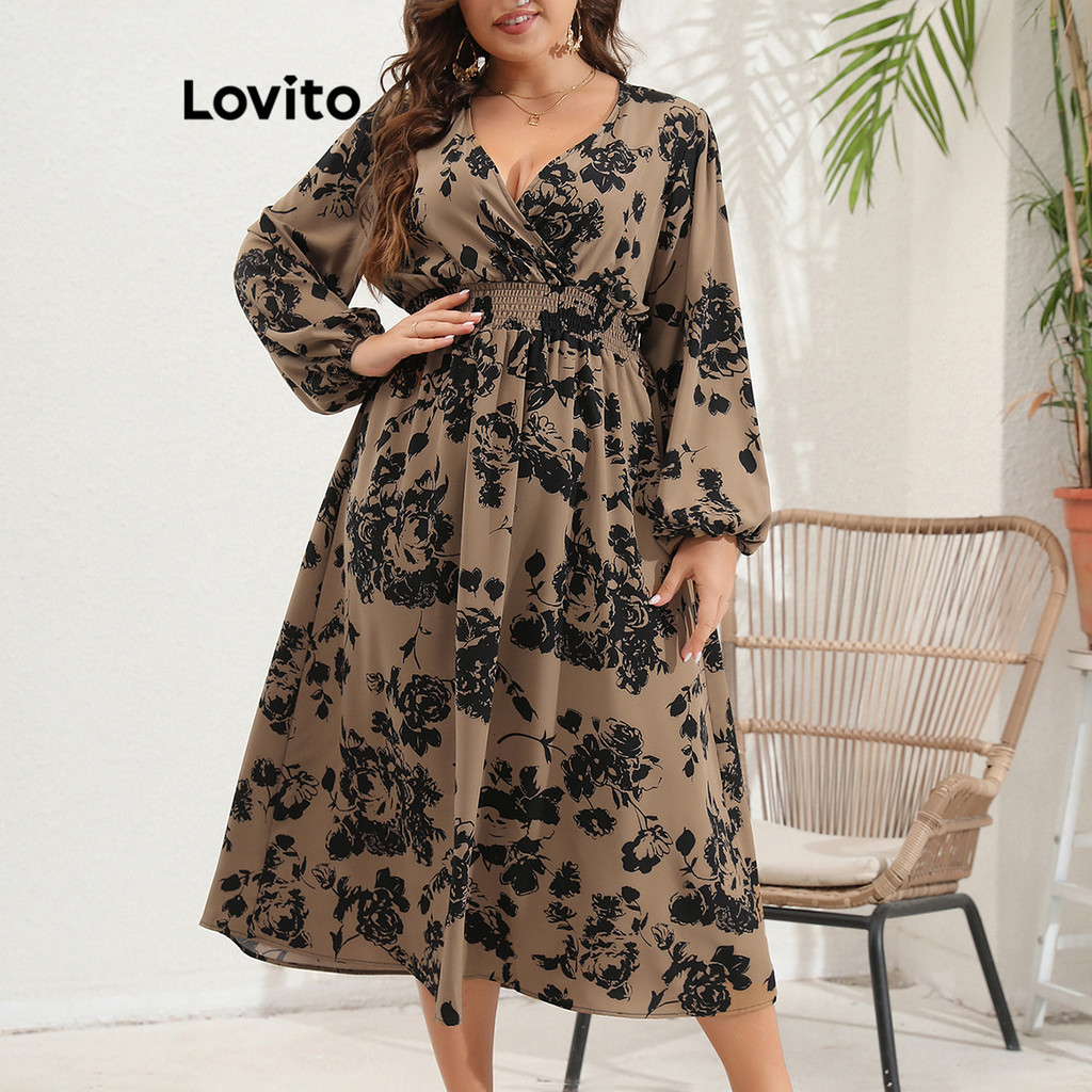Đầm Lovito vải gân họa tiết hoa phong cách thanh lịch cho nữ plus size LNL51194