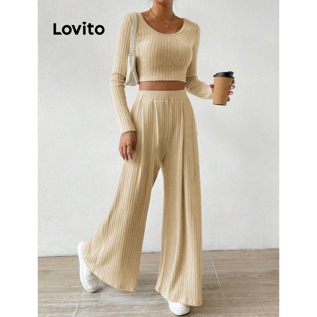 Lovito Bộ quần xếp ly trơn thường ngày cho nữ LNL64044
