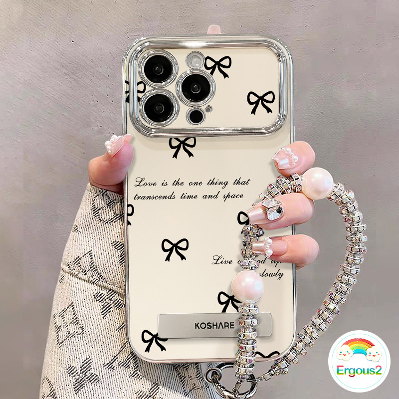 Ins Hot Casing + Giá đỡ + Dây buộc Bling cho iPhone 11 16 12 14 15 13 Pro Xs Max X Xr 7 8 Plus SE 2020 Mạ Luxuey Hàn Quốc Ốp điện thoại TPU mềm Vỏ bảo vệ mặt sau