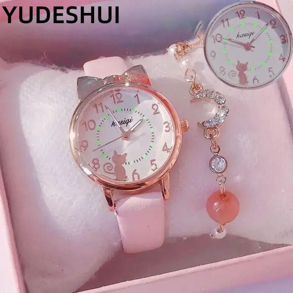 YUDESHUI Bộ vòng tay đồng hồ, Đồng hồ thạch anh thông thường tai mèo, Đồng hồ thạch anh dễ thương thời trang Vòng đeo tay bằng da