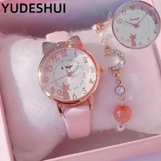 YUDESHUI Bộ vòng tay đồng hồ, Đồng hồ thạch anh thông thường tai mèo, Đồng hồ thạch anh dễ thương thời trang Vòng đeo tay bằng da