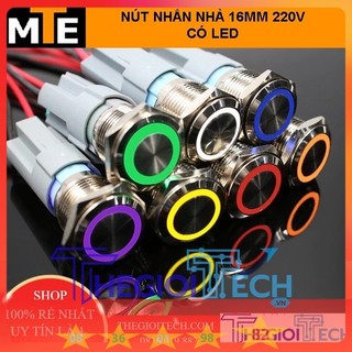Nút nhấn nhả, nhấn giữ, nút kim loại chống nước có đèn led 16mm 220v ac, 24v, 12v dc, jack nối dây nút nhấn