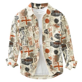 Áo sơ mi nam dài tay in họa tiết mẫu mới, áo khoác graffiti Áo sơ mi giản dị áo rộng rãi