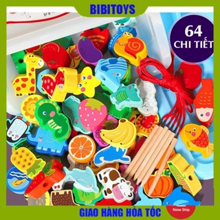 Đồ chơi xâu hạt gỗ 64 chi tiết NHIỀU CHỦ ĐỀ cho bé phát triển kỹ năng cơ bản