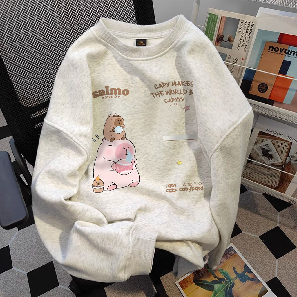 Áo sweater nữ dễ thương capybara xám tiêu form rộng dày giữ nhiệt SALMO áo dài tay mùa đông hàn quốc Áo Nỉ