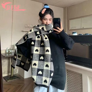 Khăn choàng trái tim kẻ sọc DFGF, Khăn choàng dệt kim dày Y2K ca rô, Khăn choàng Cashmere mùa đông ấm áp phong cách Hàn Quốc dành cho nữ / nam