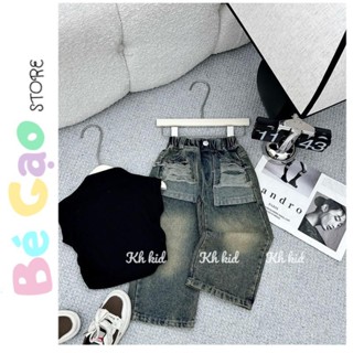 Set quần jean dài ống suông bé gái và áo thun cotton CỔ LỌ RÚT EO cho bé gái siêu năng động cho bé đi học , đi chơi