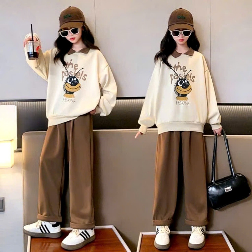 Bộ quần áo dài tay, set đồ thu đông mặc nhà cho bé gái, trẻ em nữ 6-16 tuổi size đại 20 -52kg mẫu Polo ong vàng chất nỉ