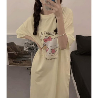 Nữ Mùa Hè Loungewear Váy Ngủ Tay Ngắn Chữ Hello Kitty Váy Rời Thoải Mái Bộ Đồ Ngủ