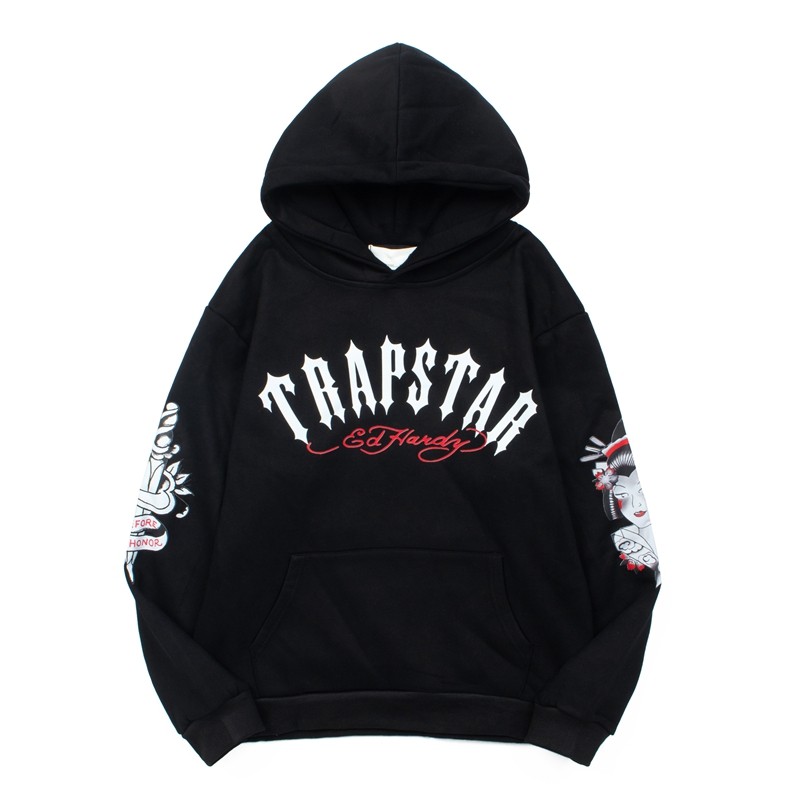 Áo hoodie Trapstar nam bờ tây hip hop lông cừu màu đen