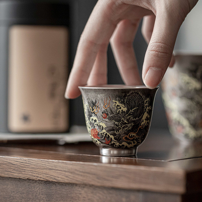 [Haofan] Gilt Silver Ink Dragon Tea Cup Retro Kung Fu Tea Set Gốm Trà Cốc Hộ Gia Đình Master Cup 50m