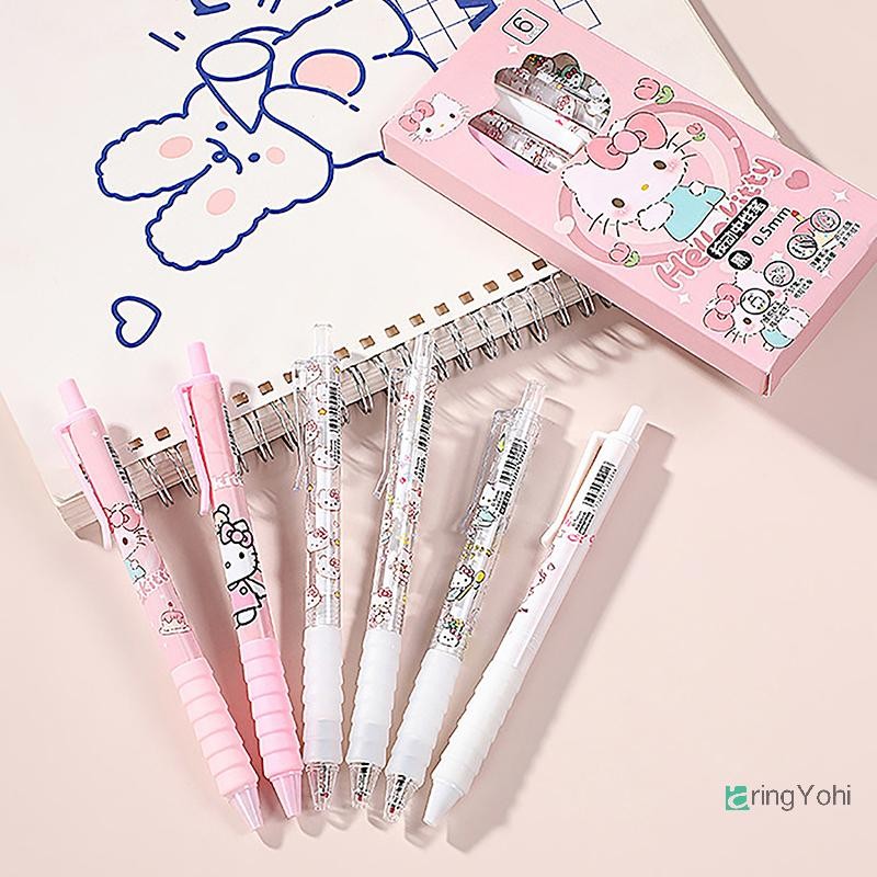 AringYohi] 6 Bút Gel Sanrio Hoạt Hình Kawaii Hello Kitty Viết Mịn 0.5mm Đen Bút Thi Sáng Tạo Bấm Tru