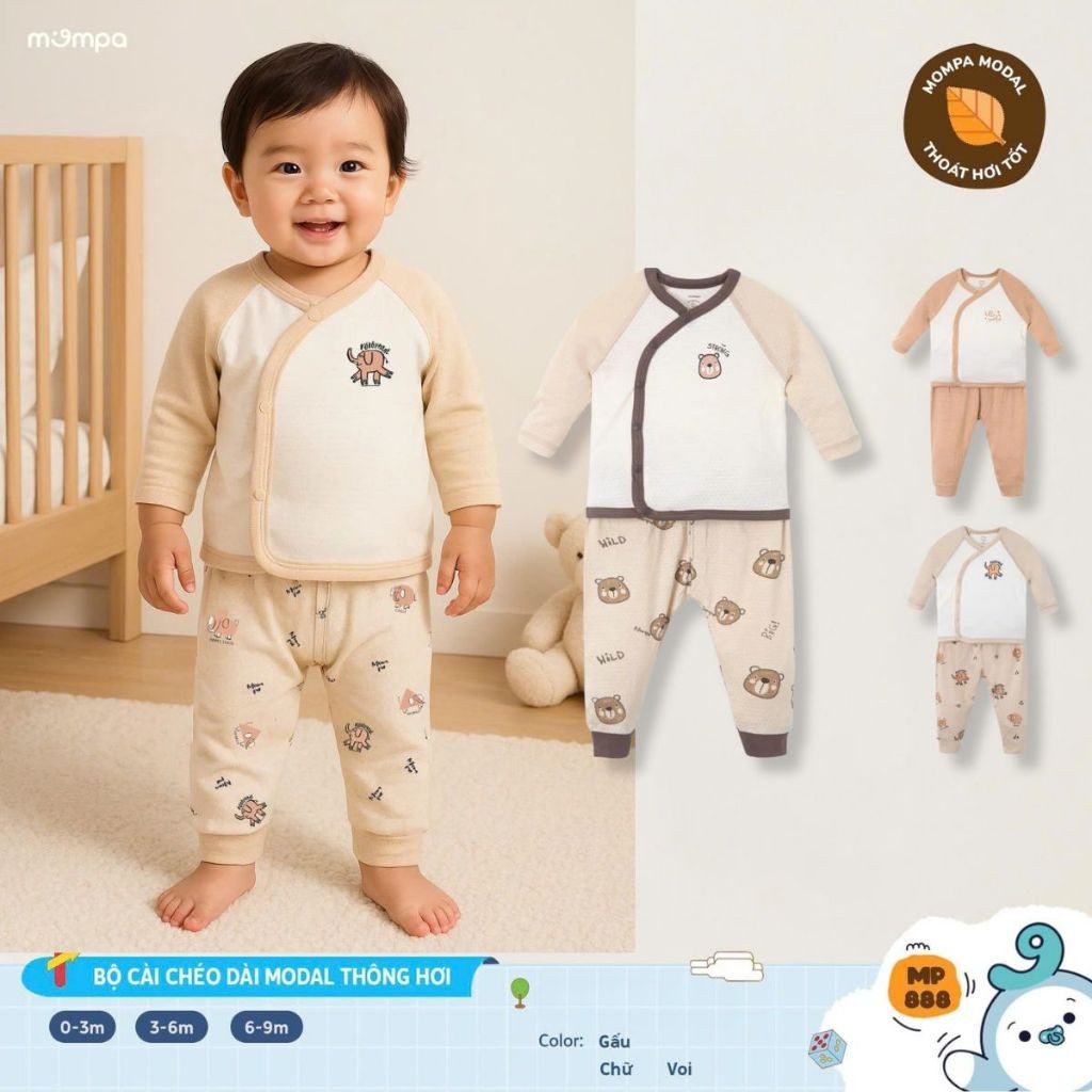 Đồ bộ cho bé sơ sinh Mompa dài tay 0-9 tháng cài chéo vải Modal MP 888