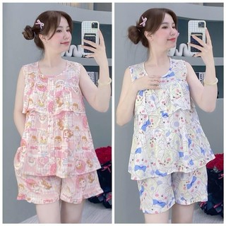  KA124- Đồ Bộ Tole Lanh Nữ  Mặc Nhà Áo Sát Cánh Tầng Quần Đùi Size 40-80kg Hoạ Tiết Hoa Hình D2 