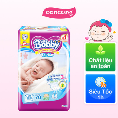 Tã dán Bobby siêu thấm - khô thoáng  (Sơ sinh, dưới 5kg, 70 miếng) - concung